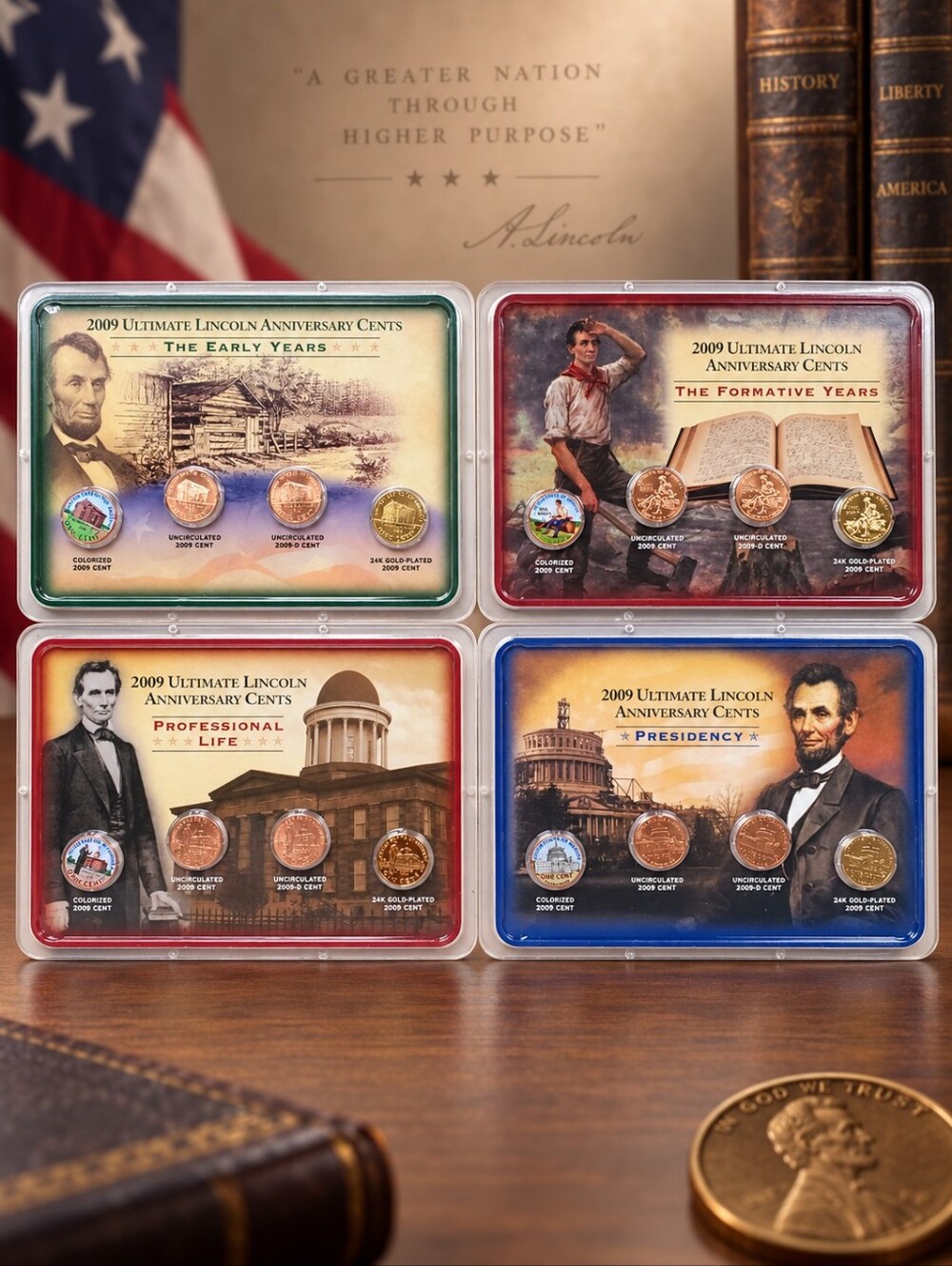2009 Littleton Ultimate Lincoln Cents 4 Sets 16 Coins Colorized 24K Gold Plated